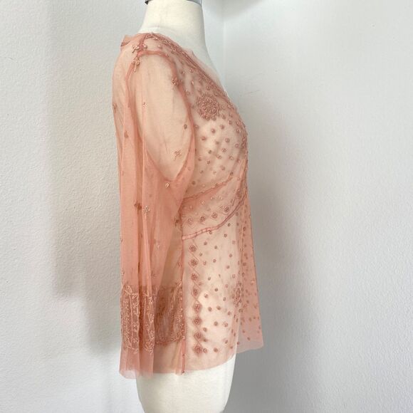 Betty Barclay Pink Sheer Blouse Large Mesh Embroidery Long Sleeves Whimsy Fairy - Picture 8 of 9